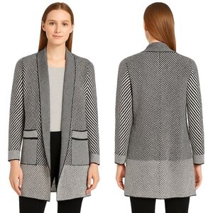 SIONI Open Front Cardigan Womens Small Black White Chevron Knit Chic Cozy Winter
